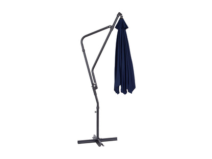 Navy blue 10ft cantilever patio umbrella with tilting feature, durable aluminum frame, and UV-resistant fabric, perfect for outdoor use on patios, decks, and gardens.