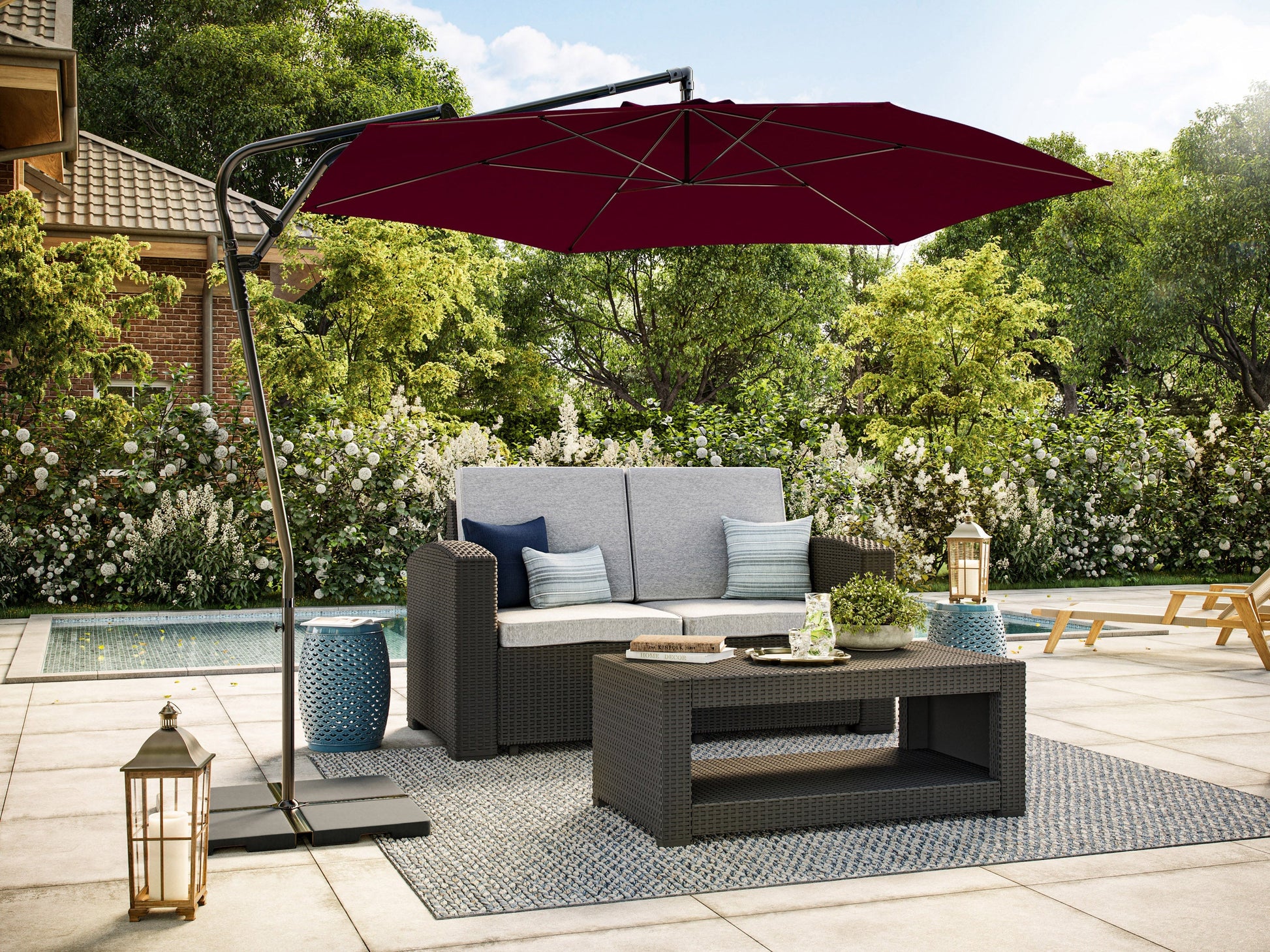 Wine red 10ft cantilever patio umbrella with tilting feature, sturdy aluminum frame, and UV-resistant fabric, providing ample shade for outdoor seating areas.