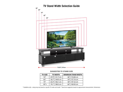 Extra wide wooden TV stand with dark walnut finish, featuring open shelves and two large cabinets, suitable for TVs up to 95 inches.