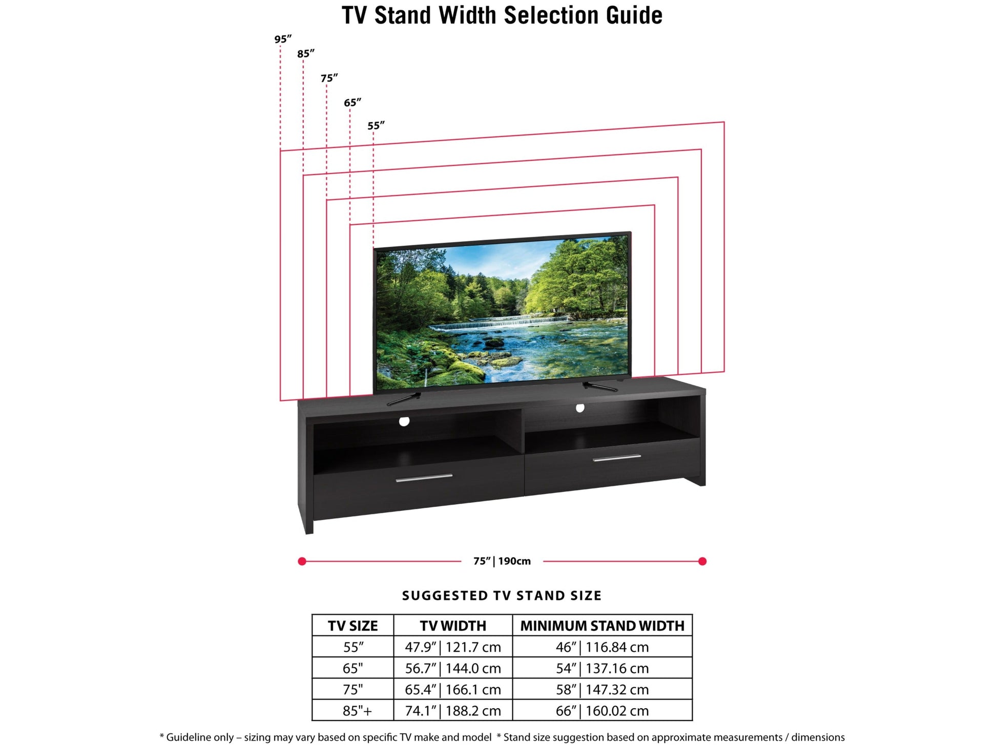 Black TV stand with sleek design, fits TVs up to 95 inches, featuring tempered glass shelves, cable management system, and sturdy metal frame for modern living rooms.