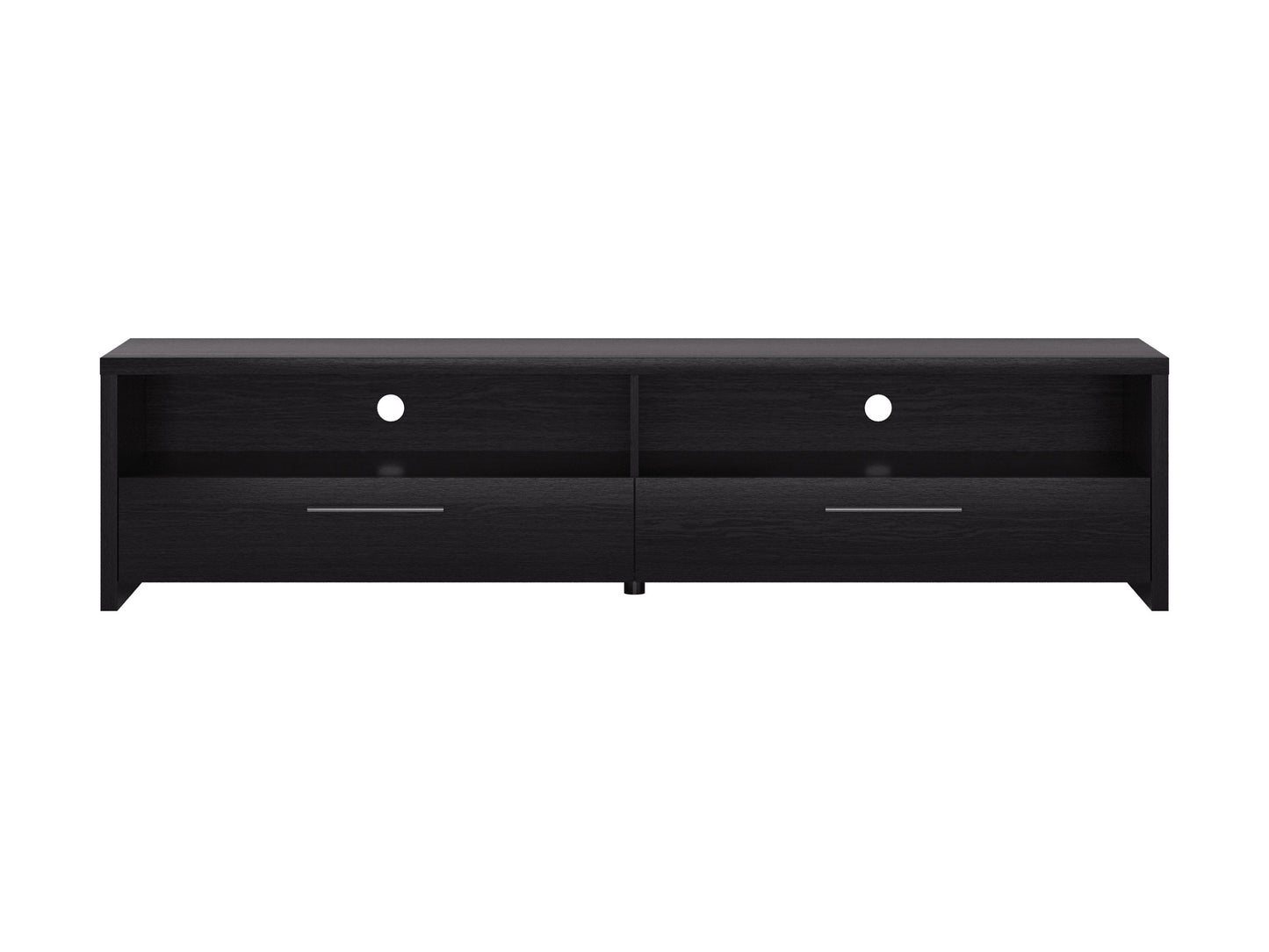 Black TV stand with sleek design, fits TVs up to 95 inches, featuring tempered glass shelves, cable management system, and sturdy metal frame for modern living rooms.