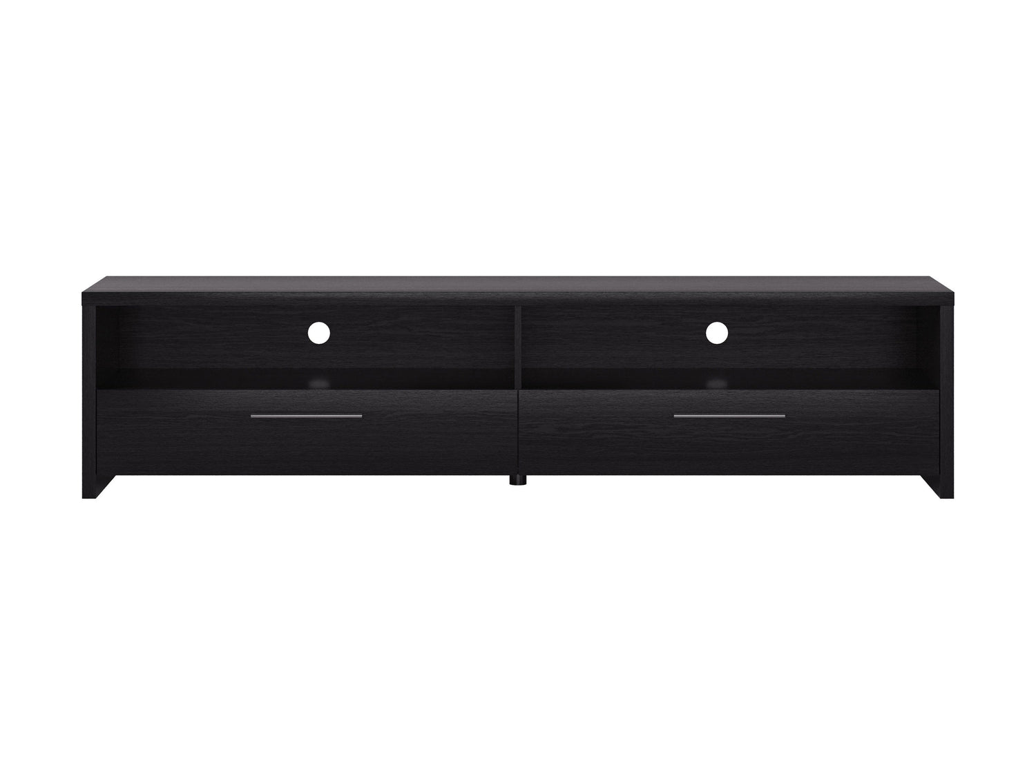 Black TV stand with sleek design, fits TVs up to 95 inches, featuring tempered glass shelves, cable management system, and sturdy metal frame for modern living rooms.