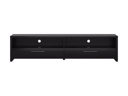 Black TV stand with sleek design, fits TVs up to 95 inches, featuring tempered glass shelves, cable management system, and sturdy metal frame for modern living rooms.