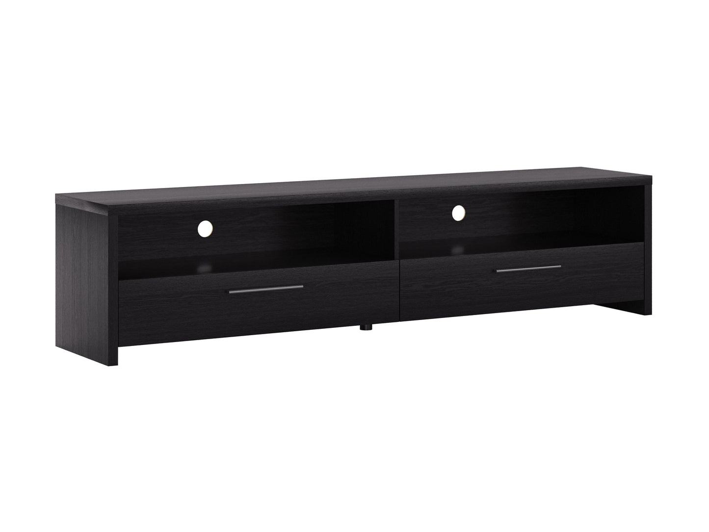 Black TV stand with sleek design, fits TVs up to 95 inches, featuring tempered glass shelves, cable management system, and sturdy metal frame for modern living rooms.