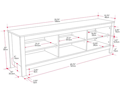 Black media console with sleek design, supports TVs up to 85 inches, features two spacious cabinets, open shelving for electronics, and cable management system. Matte black finish with modern metal handles.