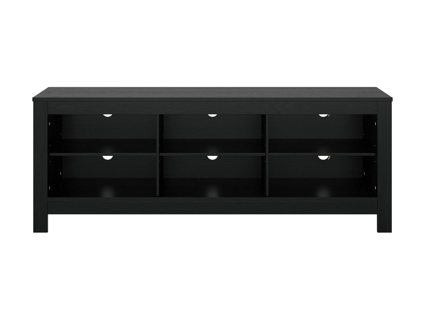 Black media console with sleek design, supports TVs up to 85 inches, features two spacious cabinets, open shelving for electronics, and cable management system. Matte black finish with modern metal handles.