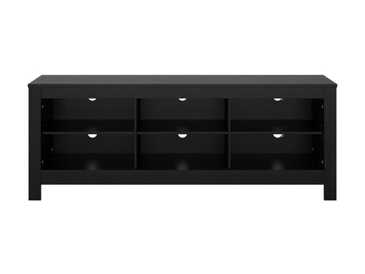 Black media console with sleek design, supports TVs up to 85 inches, features two spacious cabinets, open shelving for electronics, and cable management system. Matte black finish with modern metal handles.