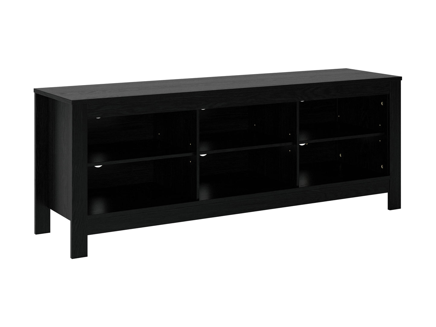 Black media console with sleek design, supports TVs up to 85 inches, features two spacious cabinets, open shelving for electronics, and cable management system. Matte black finish with modern metal handles.