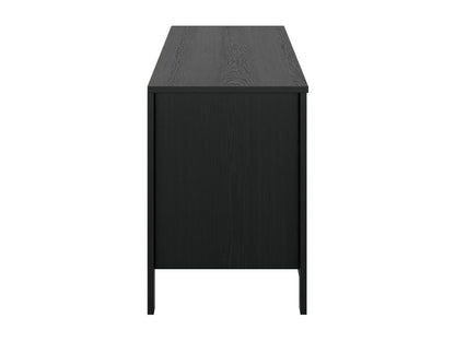 Black media console with sleek design, supports TVs up to 85 inches, features two spacious cabinets, open shelving for electronics, and cable management system. Matte black finish with modern metal handles.