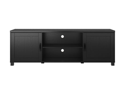 Black TV stand with doors, suitable for TVs up to 85 inches. Features sleek black finish, modern design, ample storage space with cabinets and shelves, and sturdy construction. Ideal for contemporary living rooms.