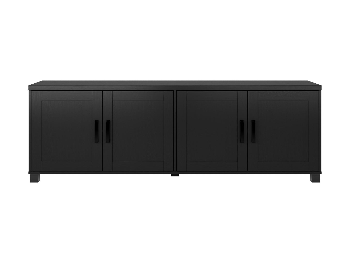 Black TV stand with doors, suitable for TVs up to 85 inches. Features sleek black finish, modern design, ample storage space with cabinets and shelves, and sturdy construction. Ideal for contemporary living rooms.