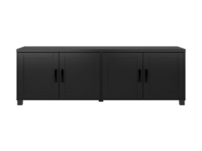 Black TV stand with doors, suitable for TVs up to 85 inches. Features sleek black finish, modern design, ample storage space with cabinets and shelves, and sturdy construction. Ideal for contemporary living rooms.