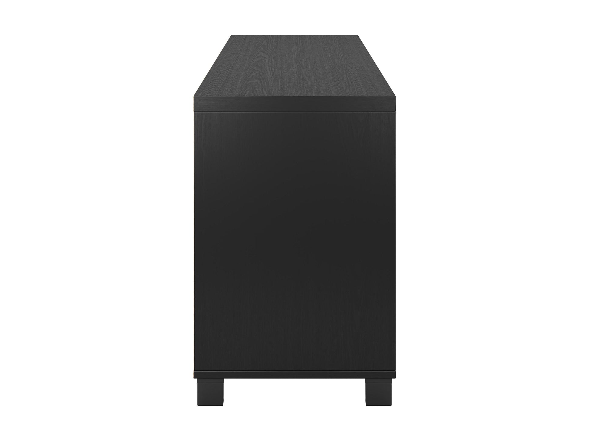 Black TV stand with doors, suitable for TVs up to 85 inches. Features sleek black finish, modern design, ample storage space with cabinets and shelves, and sturdy construction. Ideal for contemporary living rooms.