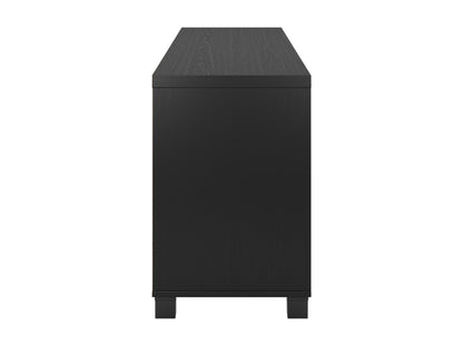 Black TV stand with doors, suitable for TVs up to 85 inches. Features sleek black finish, modern design, ample storage space with cabinets and shelves, and sturdy construction. Ideal for contemporary living rooms.