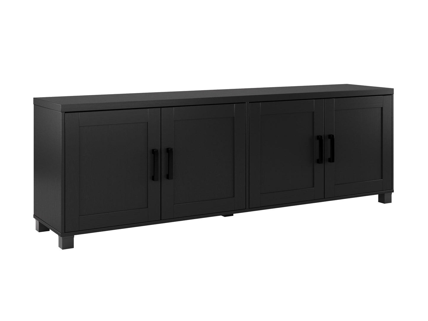 Black TV stand with doors, suitable for TVs up to 85 inches. Features sleek black finish, modern design, ample storage space with cabinets and shelves, and sturdy construction. Ideal for contemporary living rooms.