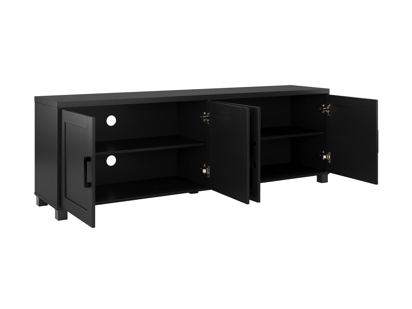 Black TV stand with doors, suitable for TVs up to 85 inches. Features sleek black finish, modern design, ample storage space with cabinets and shelves, and sturdy construction. Ideal for contemporary living rooms.