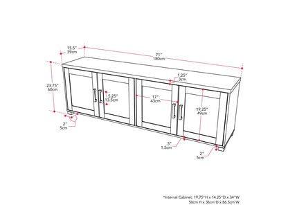 Dark grey TV stand with doors, designed for TVs up to 85 inches. Features sleek, modern design, smooth finish, and ample storage space for media devices and accessories.