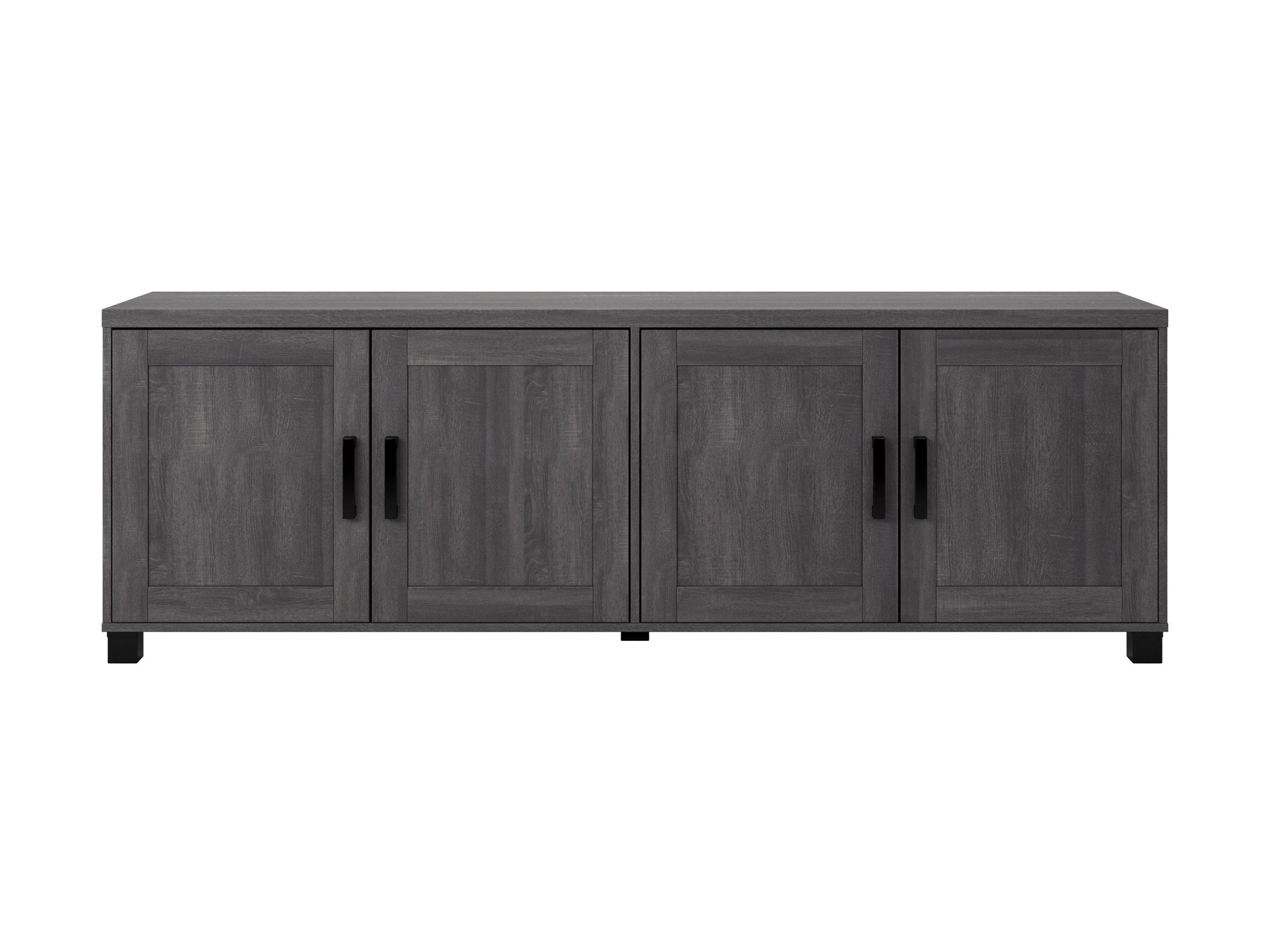 Dark grey TV stand with doors, designed for TVs up to 85 inches. Features sleek, modern design, smooth finish, and ample storage space for media devices and accessories.