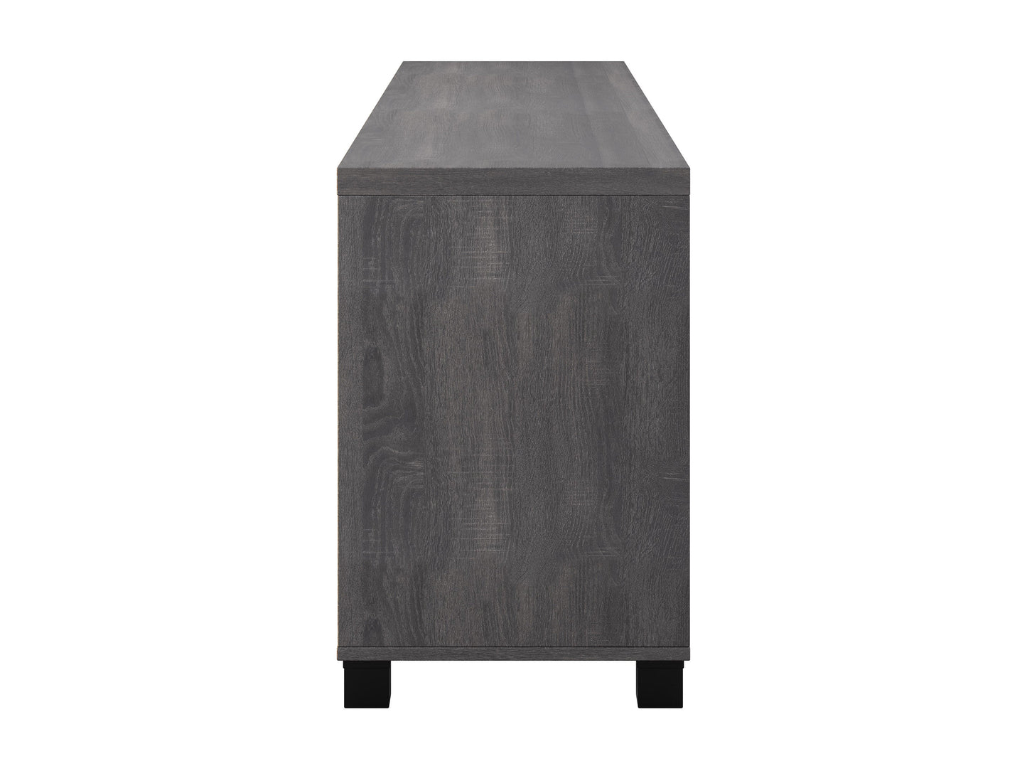 Dark grey TV stand with doors, designed for TVs up to 85 inches. Features sleek, modern design, smooth finish, and ample storage space for media devices and accessories.