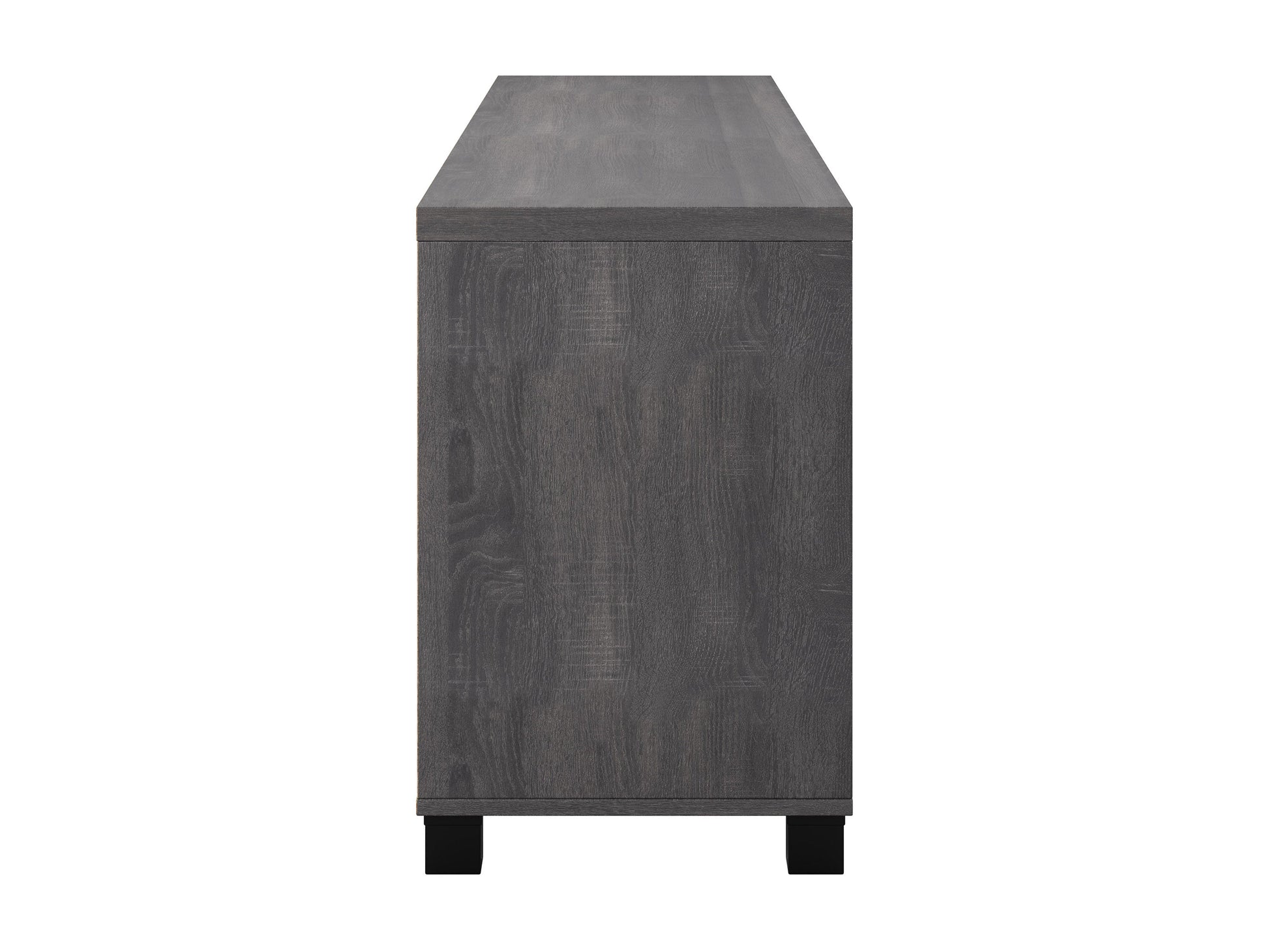 Dark grey TV stand with doors, designed for TVs up to 85 inches. Features sleek, modern design, smooth finish, and ample storage space for media devices and accessories.