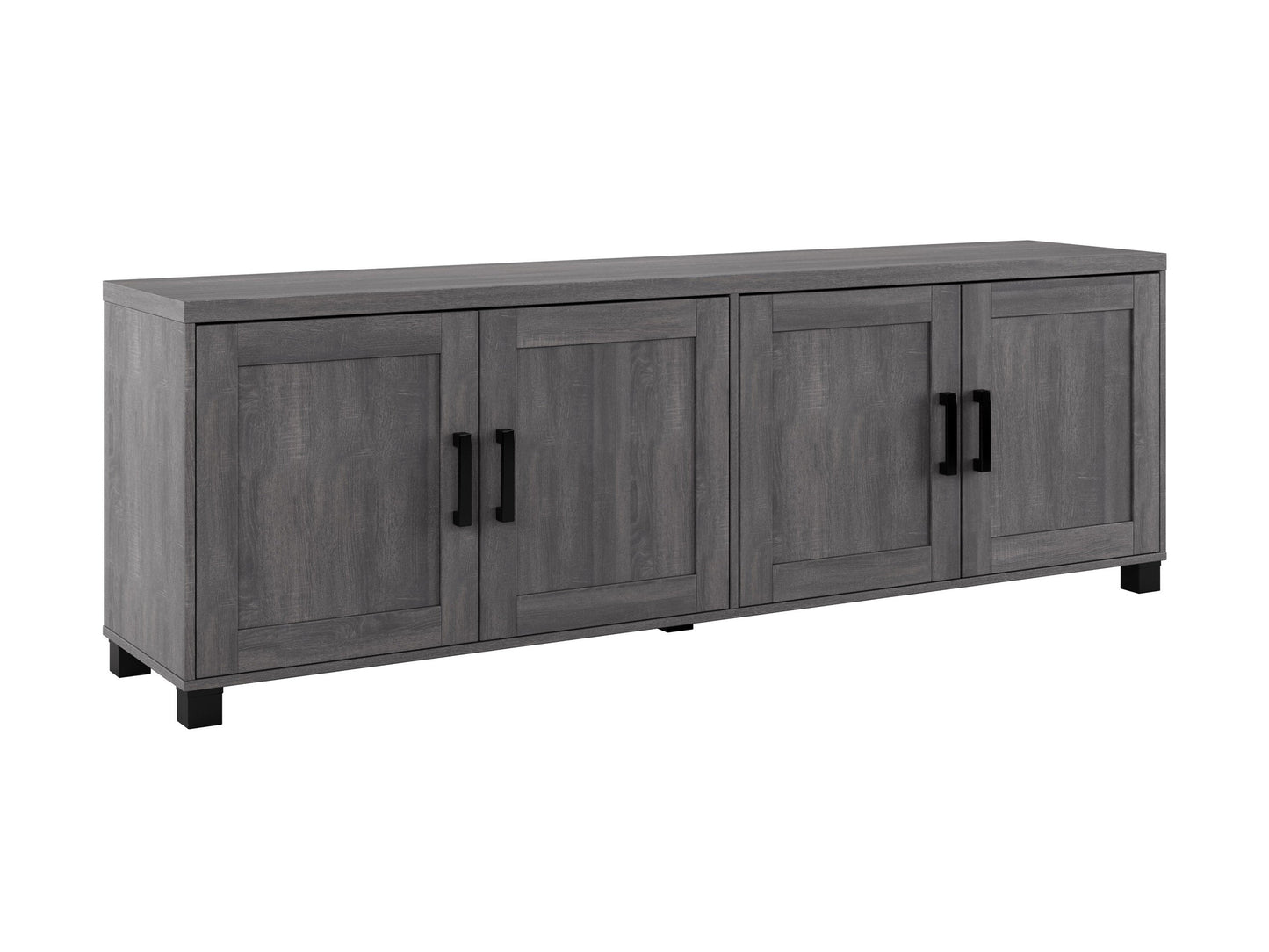 Dark grey TV stand with doors, designed for TVs up to 85 inches. Features sleek, modern design, smooth finish, and ample storage space for media devices and accessories.