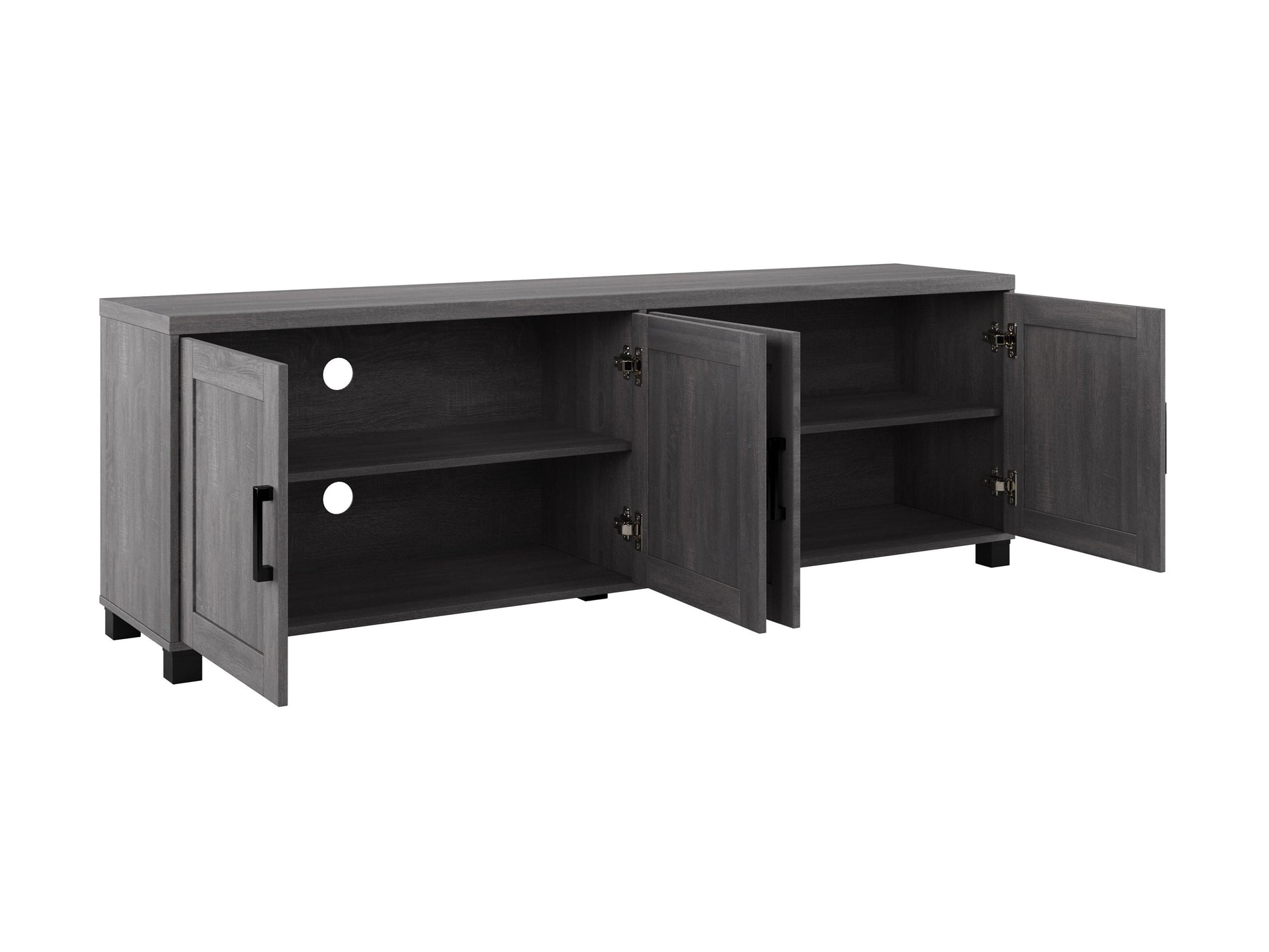 Dark grey TV stand with doors, designed for TVs up to 85 inches. Features sleek, modern design, smooth finish, and ample storage space for media devices and accessories.