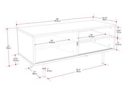 Sleek modular TV stand for TVs up to 55", featuring a modern design with black metal frame, walnut wood shelves, and cable management system. Ideal for contemporary living rooms and media centers.