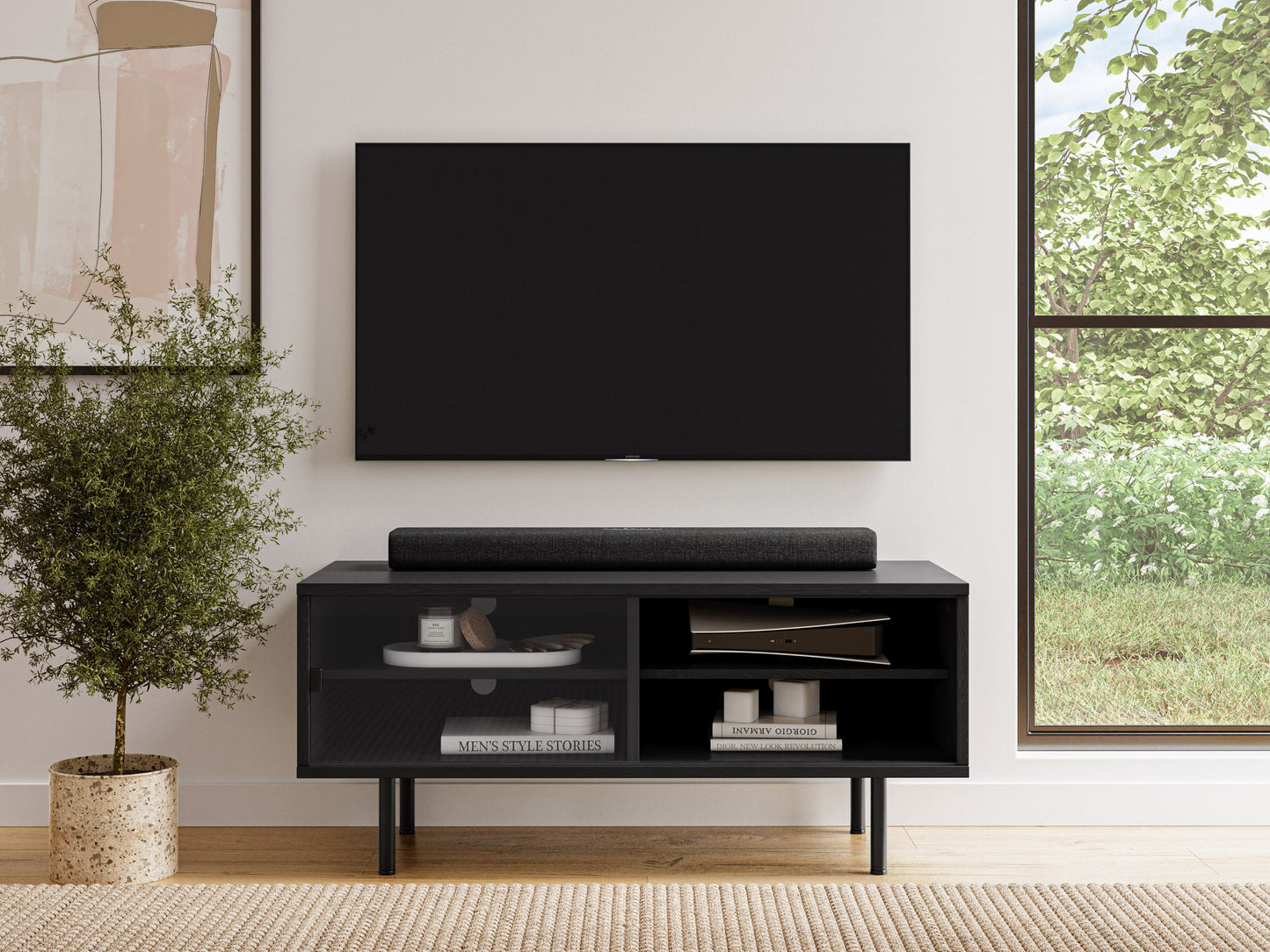 Sleek modular TV stand for TVs up to 55", featuring a modern design with black metal frame, walnut wood shelves, and cable management system. Ideal for contemporary living rooms and media centers.