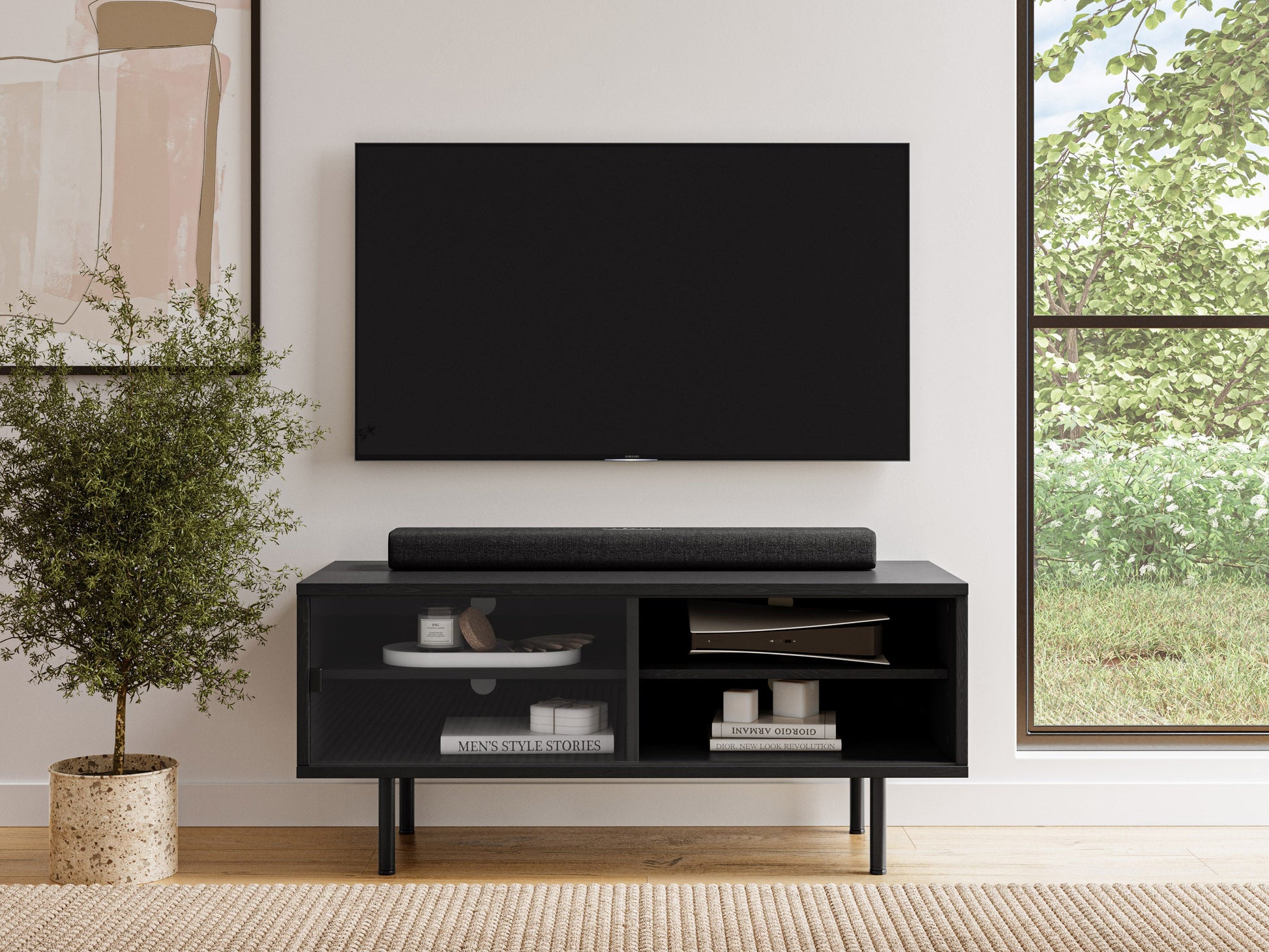 Sleek modular TV stand for TVs up to 55", featuring a modern design with black metal frame, walnut wood shelves, and cable management system. Ideal for contemporary living rooms and media centers.