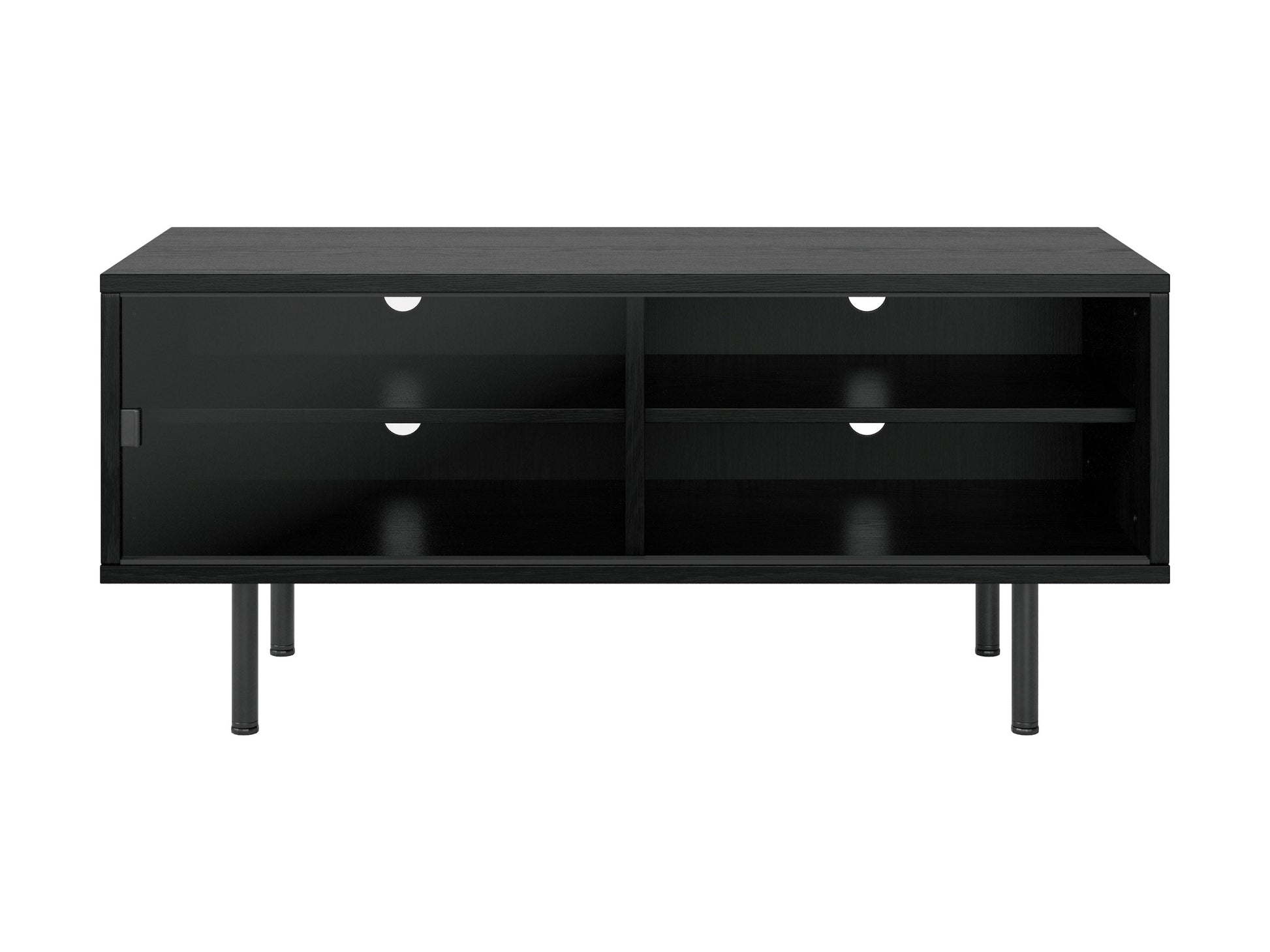 Sleek modular TV stand for TVs up to 55", featuring a modern design with black metal frame, walnut wood shelves, and cable management system. Ideal for contemporary living rooms and media centers.