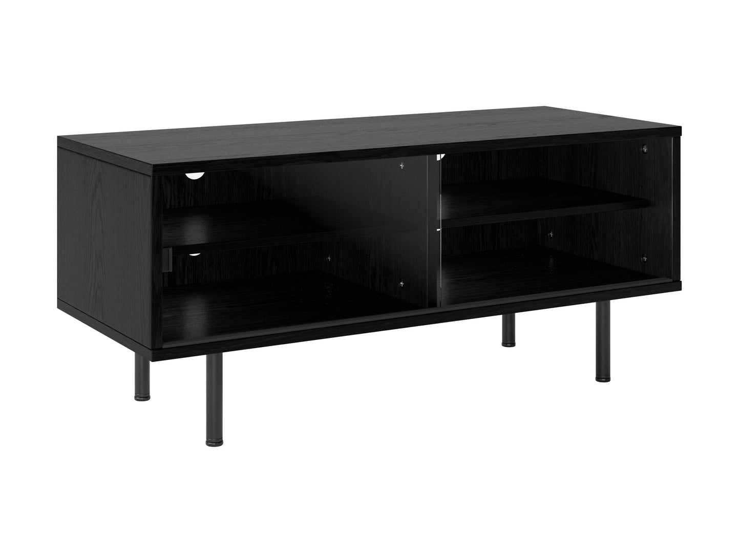 Sleek modular TV stand for TVs up to 55", featuring a modern design with black metal frame, walnut wood shelves, and cable management system. Ideal for contemporary living rooms and media centers.