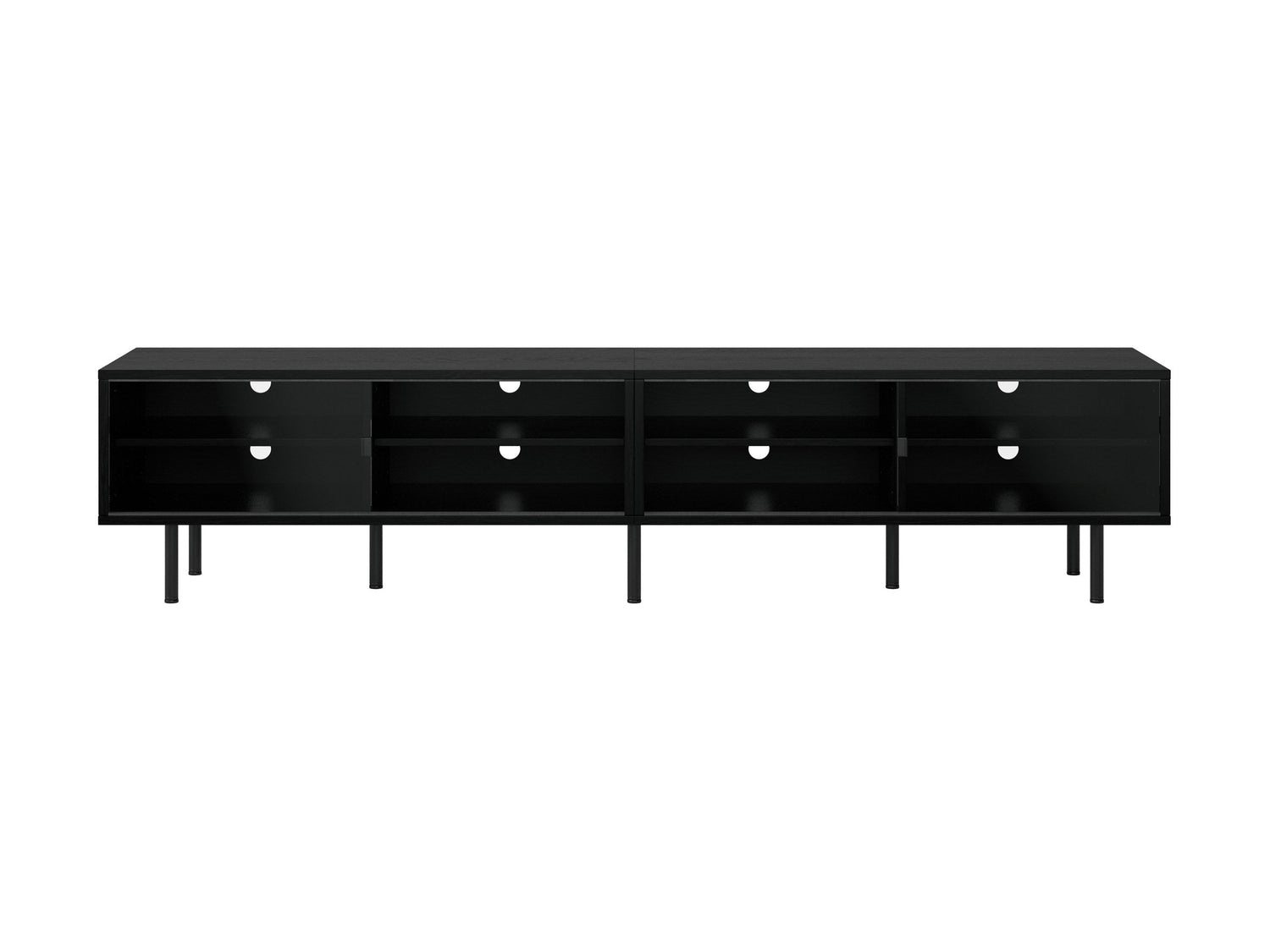 Modern modular TV stand in sleek black wood with adjustable shelves, cable management system, and sturdy metal legs, designed to support TVs up to 110 inches.