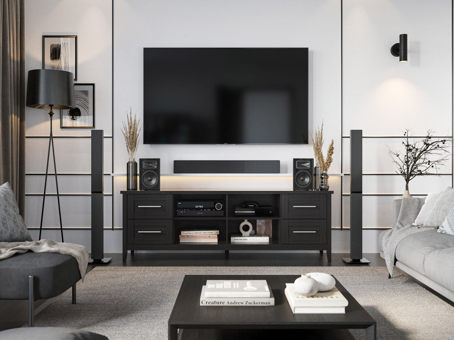 Wide wooden TV stand with a dark walnut finish, featuring sleek metal legs, open shelving, and two storage cabinets, suitable for TVs up to 85 inches. Ideal for modern living rooms.