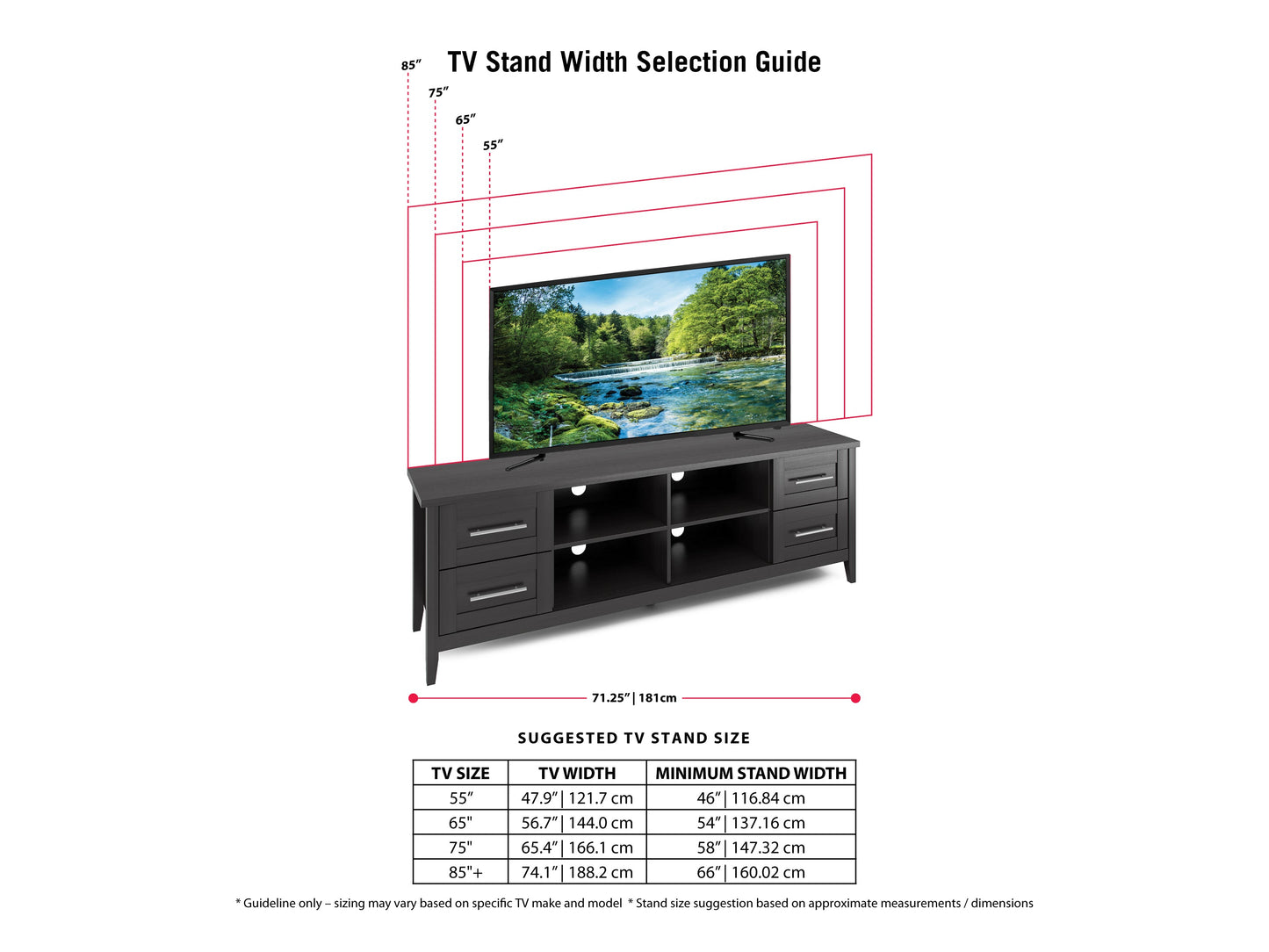 Wide wooden TV stand with a dark walnut finish, featuring sleek metal legs, open shelving, and two storage cabinets, suitable for TVs up to 85 inches. Ideal for modern living rooms.