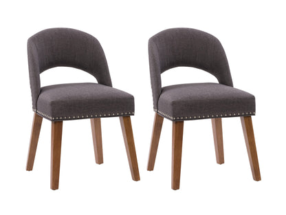 Dark grey mid-century dining chairs set of 2 with wooden legs, upholstered seats, and curved backrests, ideal for modern dining rooms and kitchens.