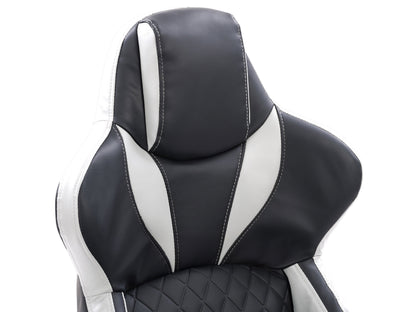 Black and white gaming reclining chair with ergonomic design, padded armrests, adjustable headrest, and lumbar support, made of faux leather with a sleek, modern look ideal for long gaming sessions.