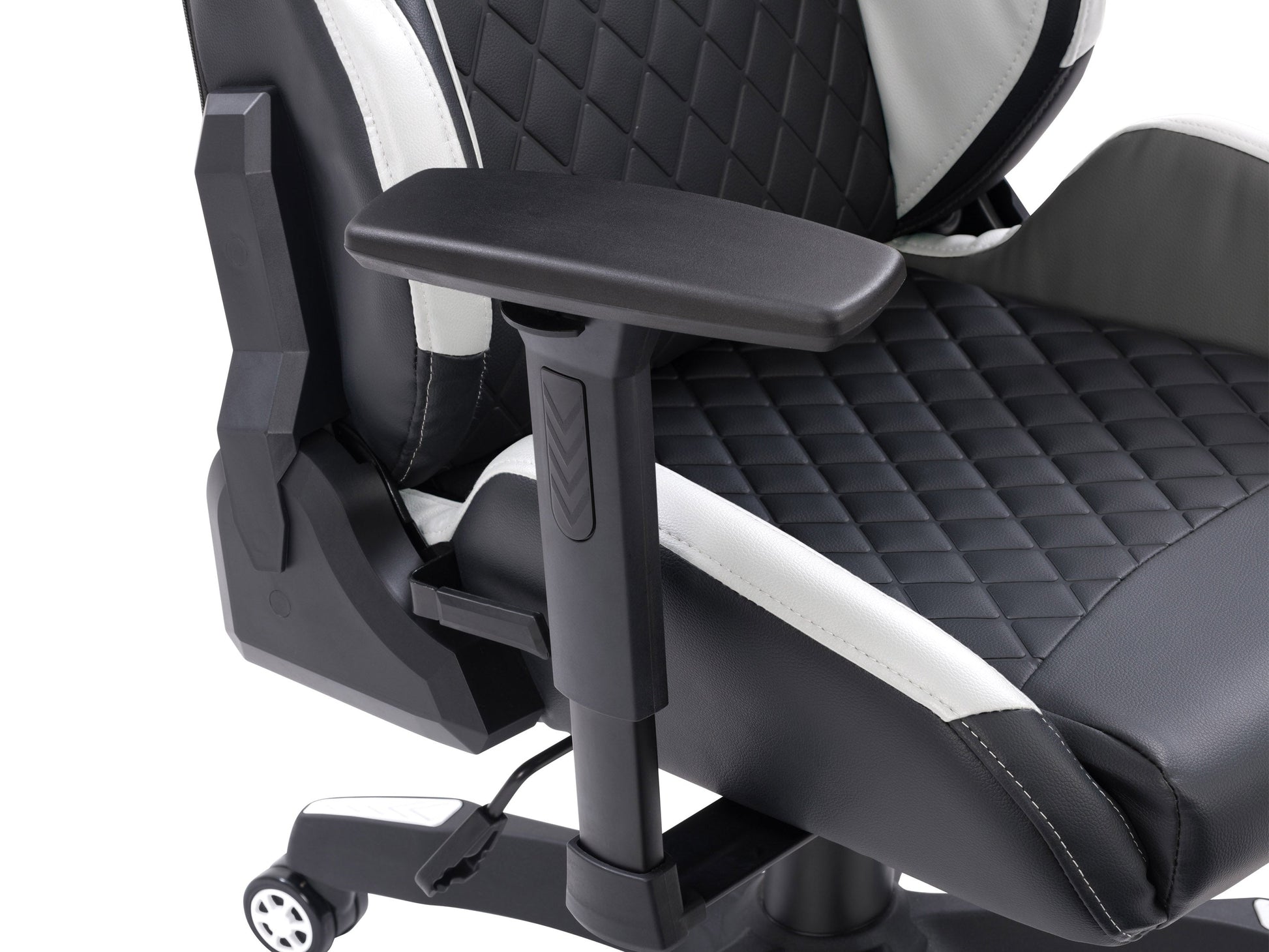 Black and white gaming reclining chair with ergonomic design, padded armrests, adjustable headrest, and lumbar support, made of faux leather with a sleek, modern look ideal for long gaming sessions.