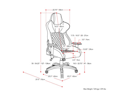 Black and white gaming reclining chair with ergonomic design, padded armrests, adjustable headrest, and lumbar support, made of faux leather with a sleek, modern look ideal for long gaming sessions.