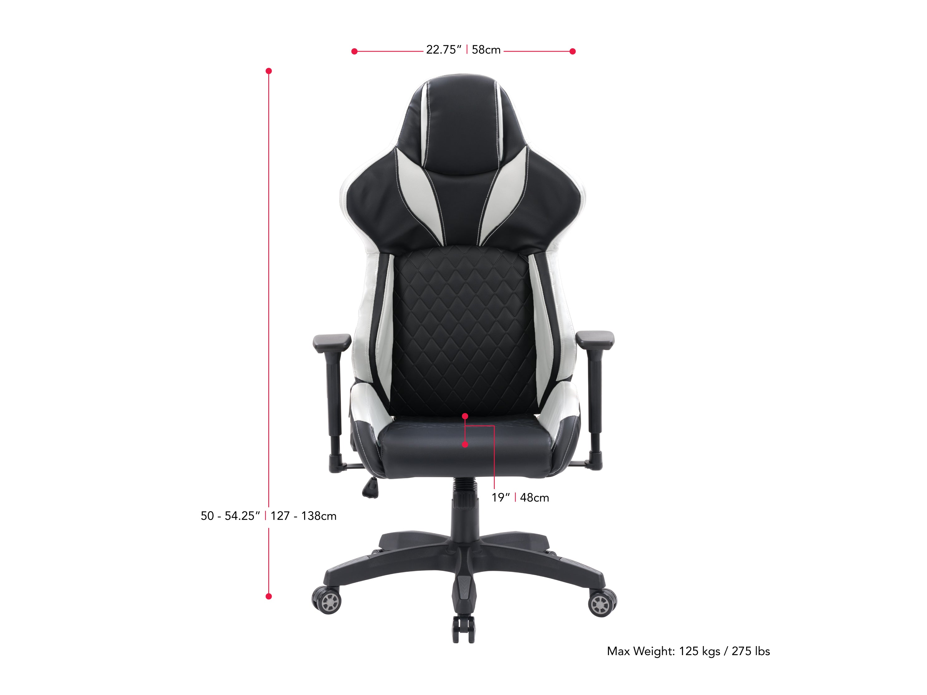 Black and white gaming reclining chair with ergonomic design, padded armrests, adjustable headrest, and lumbar support, made of faux leather with a sleek, modern look ideal for long gaming sessions.