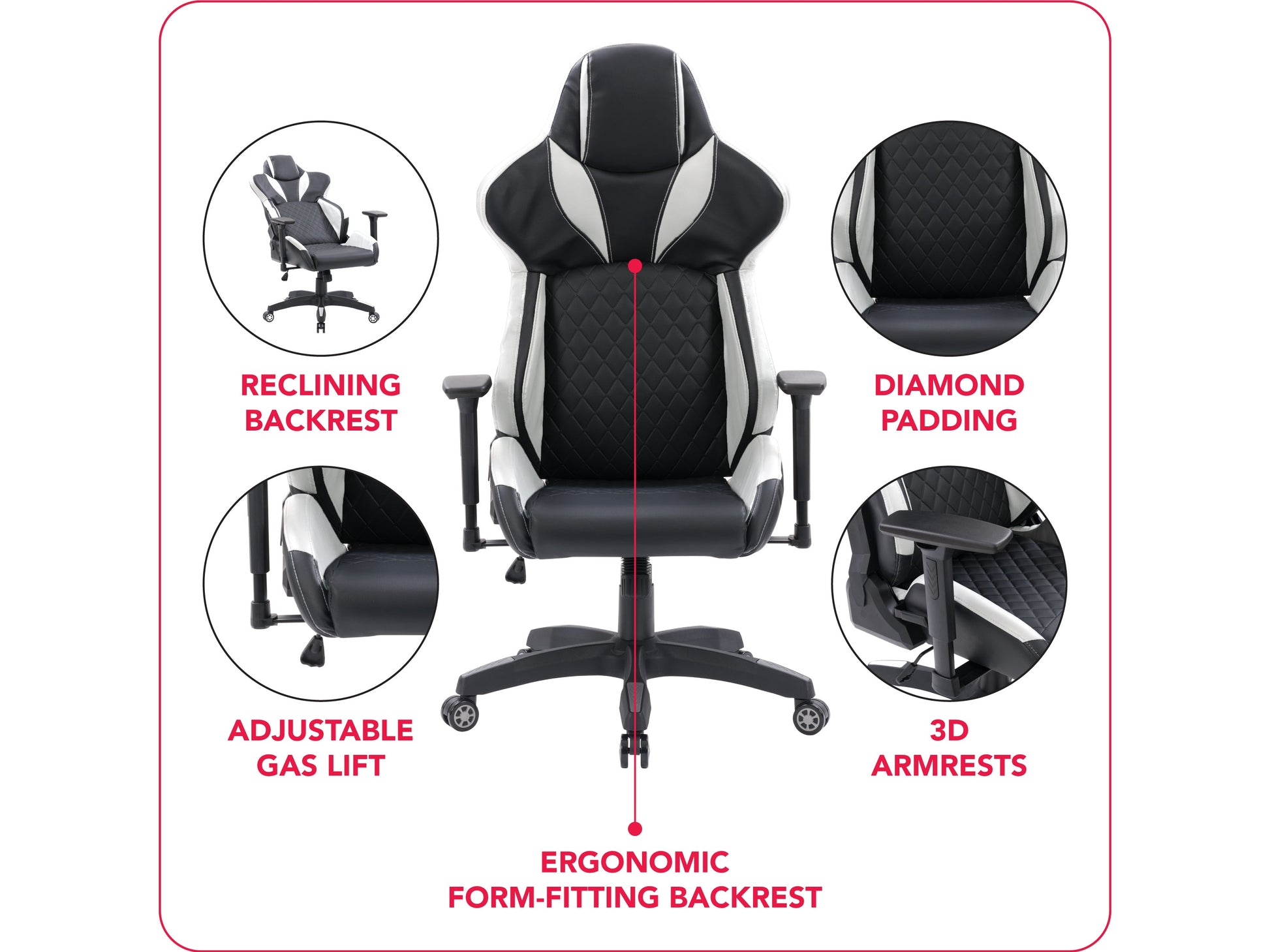 Black and white gaming reclining chair with ergonomic design, padded armrests, adjustable headrest, and lumbar support, made of faux leather with a sleek, modern look ideal for long gaming sessions.