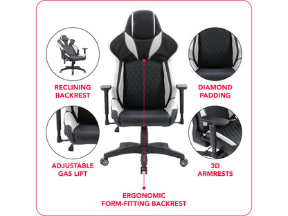 Black and white gaming reclining chair with ergonomic design, padded armrests, adjustable headrest, and lumbar support, made of faux leather with a sleek, modern look ideal for long gaming sessions.