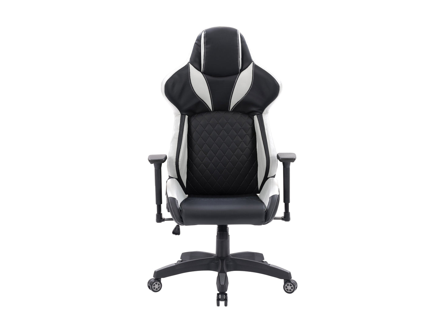 Black and white gaming reclining chair with ergonomic design, padded armrests, adjustable headrest, and lumbar support, made of faux leather with a sleek, modern look ideal for long gaming sessions.