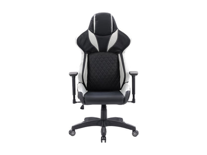 Black and white gaming reclining chair with ergonomic design, padded armrests, adjustable headrest, and lumbar support, made of faux leather with a sleek, modern look ideal for long gaming sessions.