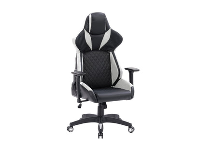 Black and white gaming reclining chair with ergonomic design, padded armrests, adjustable headrest, and lumbar support, made of faux leather with a sleek, modern look ideal for long gaming sessions.