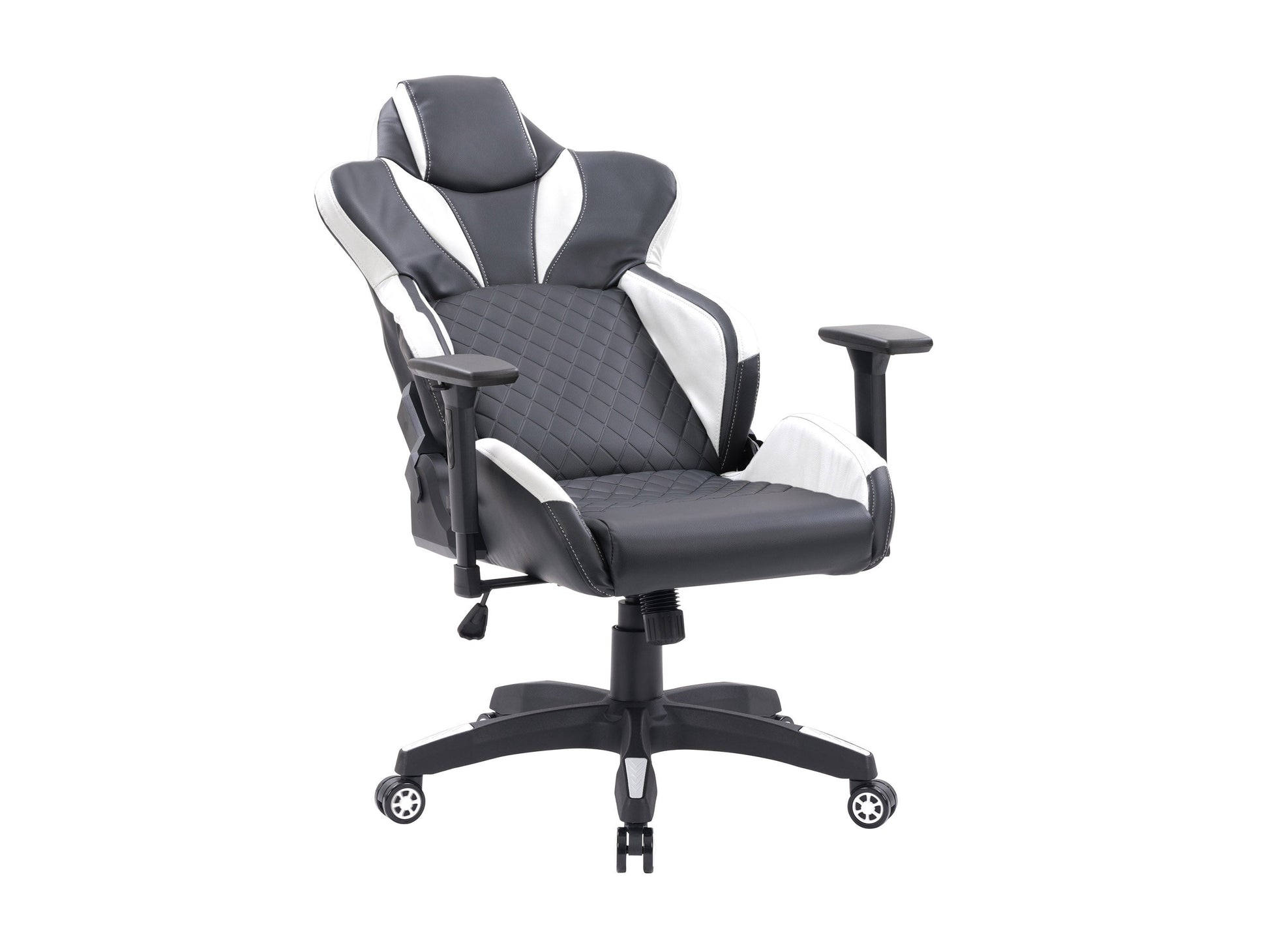 Black and white gaming reclining chair with ergonomic design, padded armrests, adjustable headrest, and lumbar support, made of faux leather with a sleek, modern look ideal for long gaming sessions.