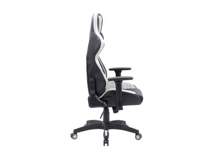 Black and white gaming reclining chair with ergonomic design, padded armrests, adjustable headrest, and lumbar support, made of faux leather with a sleek, modern look ideal for long gaming sessions.