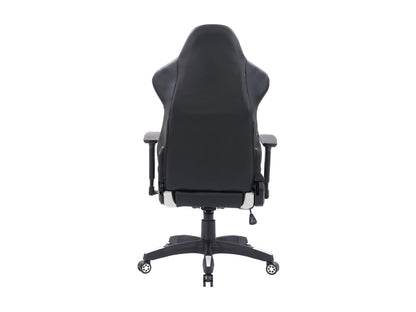 Black and white gaming reclining chair with ergonomic design, padded armrests, adjustable headrest, and lumbar support, made of faux leather with a sleek, modern look ideal for long gaming sessions.