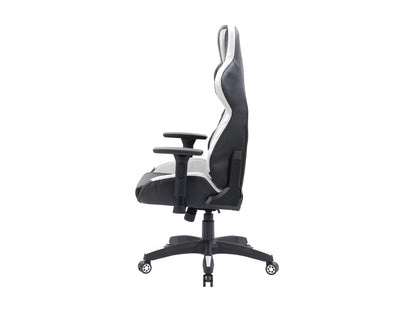 Black and white gaming reclining chair with ergonomic design, padded armrests, adjustable headrest, and lumbar support, made of faux leather with a sleek, modern look ideal for long gaming sessions.