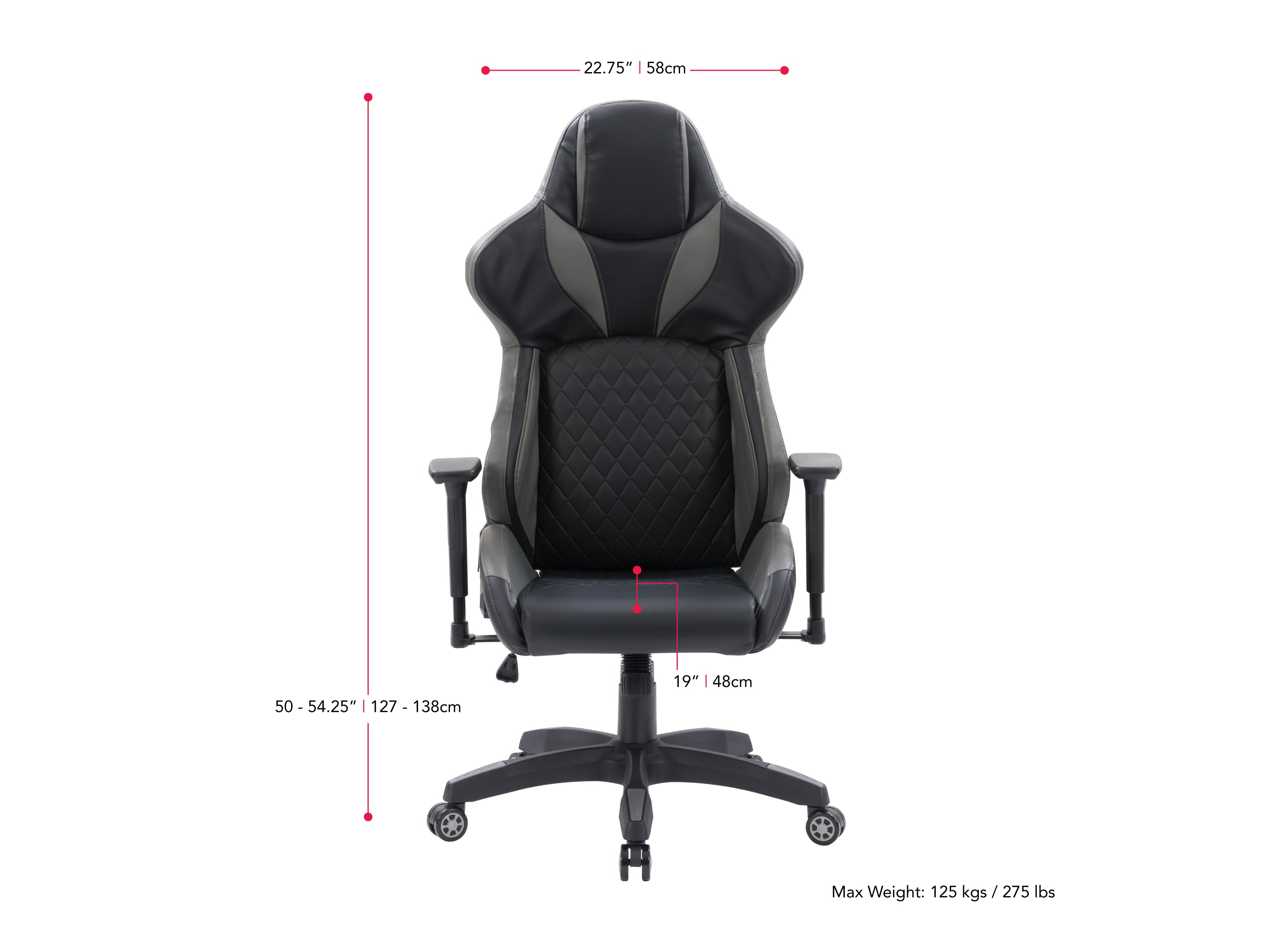 Black and grey gaming reclining chair with ergonomic design, padded armrests, adjustable headrest, and lumbar support. Made from high-quality faux leather and mesh fabric for breathability and comfort.