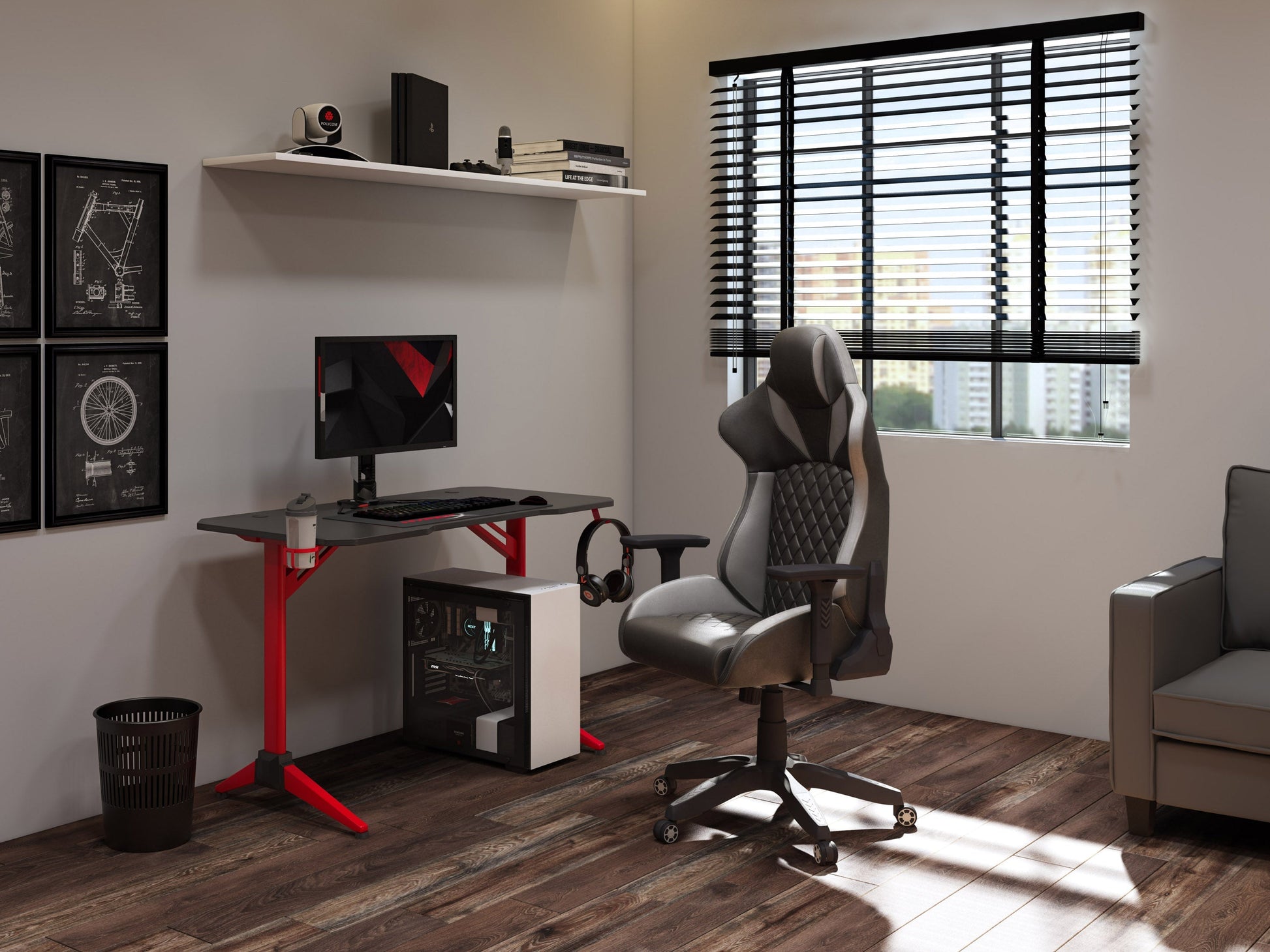 Black and grey gaming reclining chair with ergonomic design, padded armrests, adjustable headrest, and lumbar support. Made from high-quality faux leather and mesh fabric for breathability and comfort.